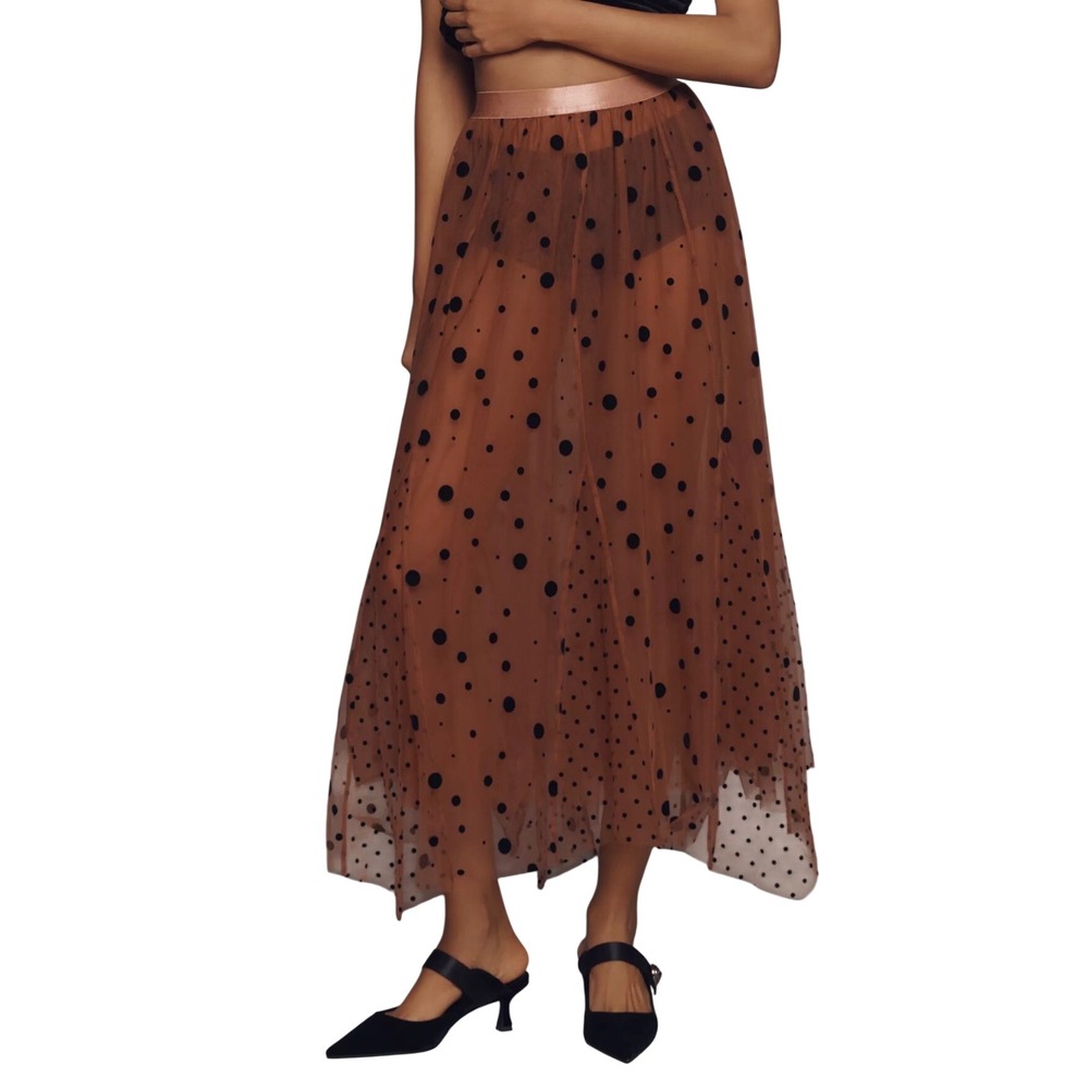 NWT Maeve Anthropologie Polka Dot Tulle Maxi Skirt Taupe Pink Brown Size S